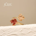 18K Frosted Gold Ring with Retro Maple Leaf Design
